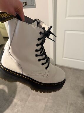 Dr. Martens White Lace-Up Platform Combat Boots with Yellow Welt Stitching
